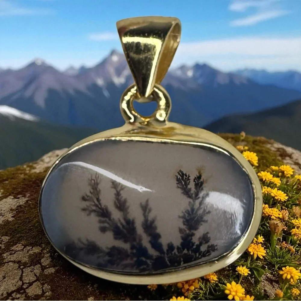 Scenic Dendritic Agate Pendant | 18K Gold Plated over 925 Silver | Made in India - Picture 1 of 6